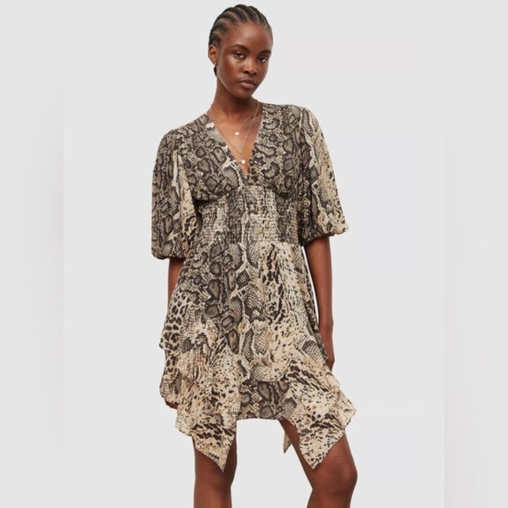 AllSaints Animal Print Asymmetric Hem Mini Dress